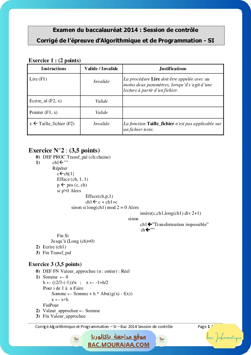Corrigé controle algorithme Bac 2014 – Section info